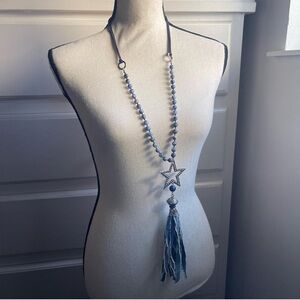 L&F Gemstone Beaded Star Denim Tassel Necklace Silver Toned